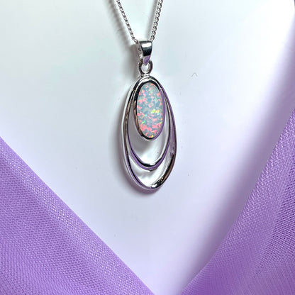 Sterling Silver Pierced Double Oval Opal Necklace