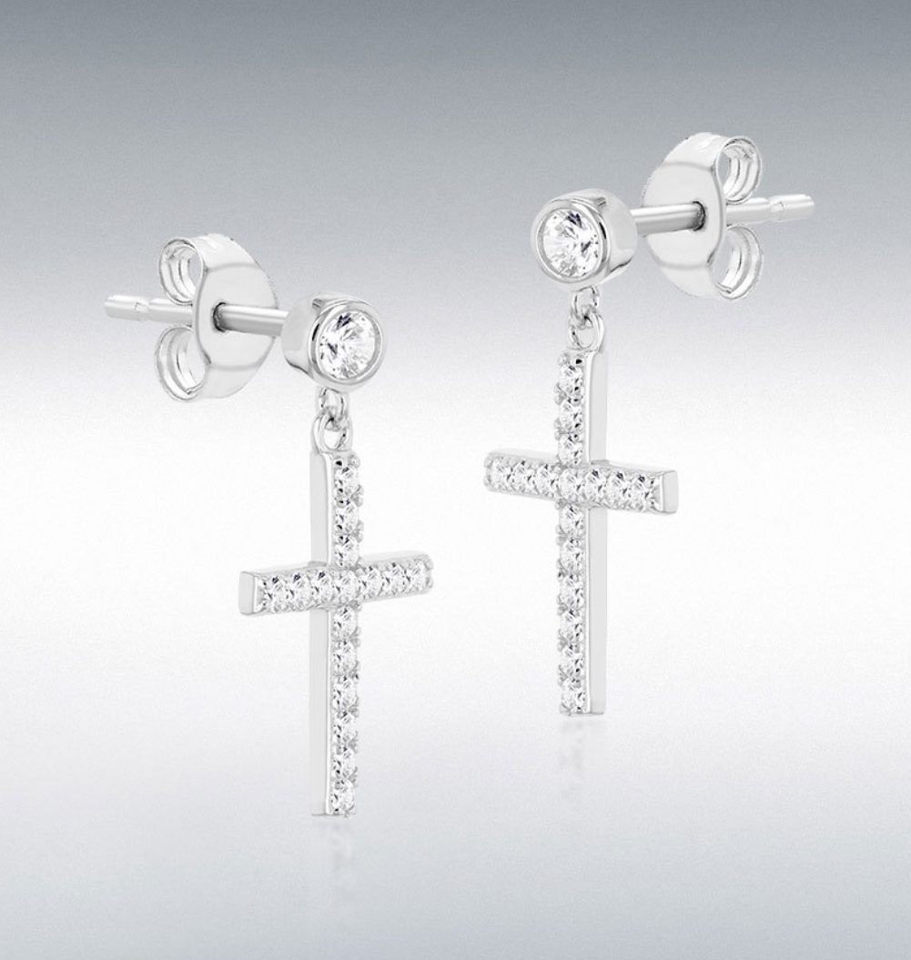 Cross earrings drop sparkling stone set cubic zirconia sterling silver