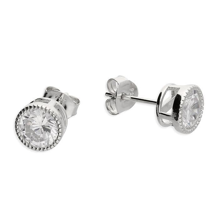 Sterling Silver Round Beaded Edge Cubic Zirconia Stud Earrings