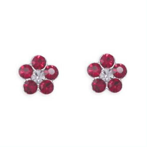 Sterling Silver Round Red And White Daisy Cluster Cubic Zirconia Stud Earrings