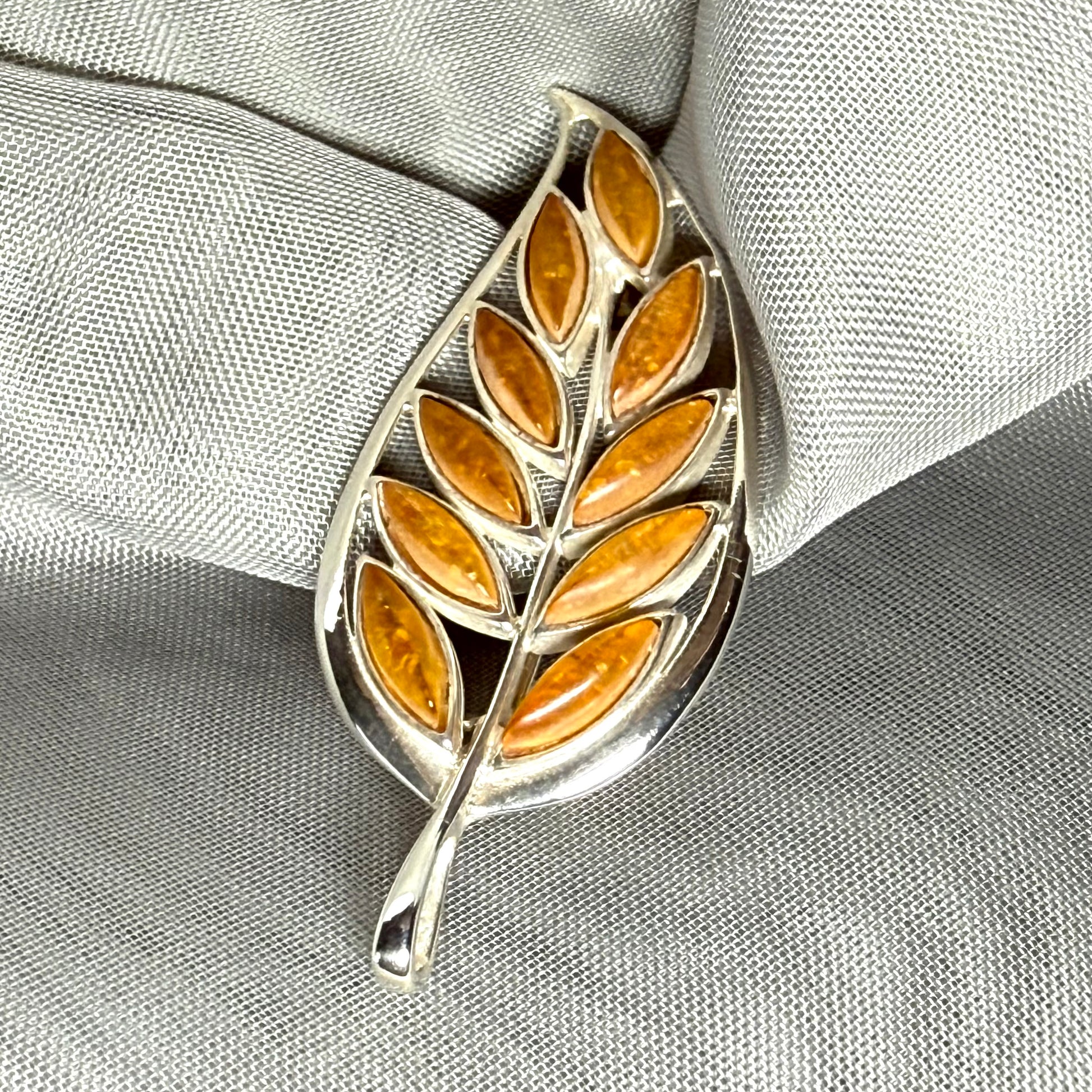 Sterling Silver Amber Leaf Brooch