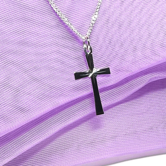 Sterling Silver Diamond Cut Cross Necklace Including Chain