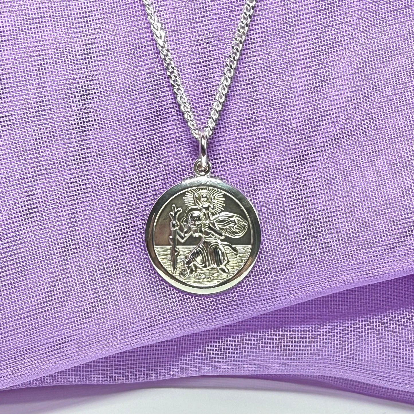Sterling Silver Double Sided St. Christopher Including Chain 17 mm