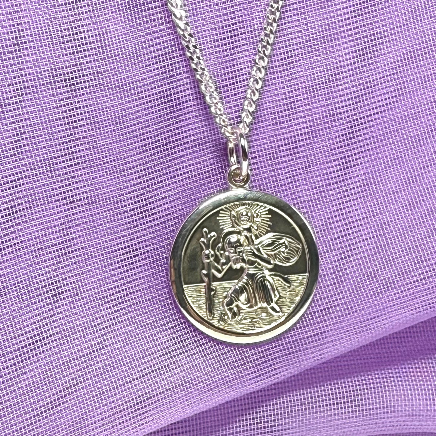 Sterling Silver Double Sided St. Christopher Including Chain 17 mm