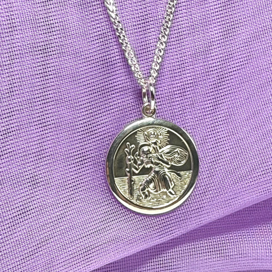 Sterling Silver Double Sided St. Christopher Including Chain 17 mm