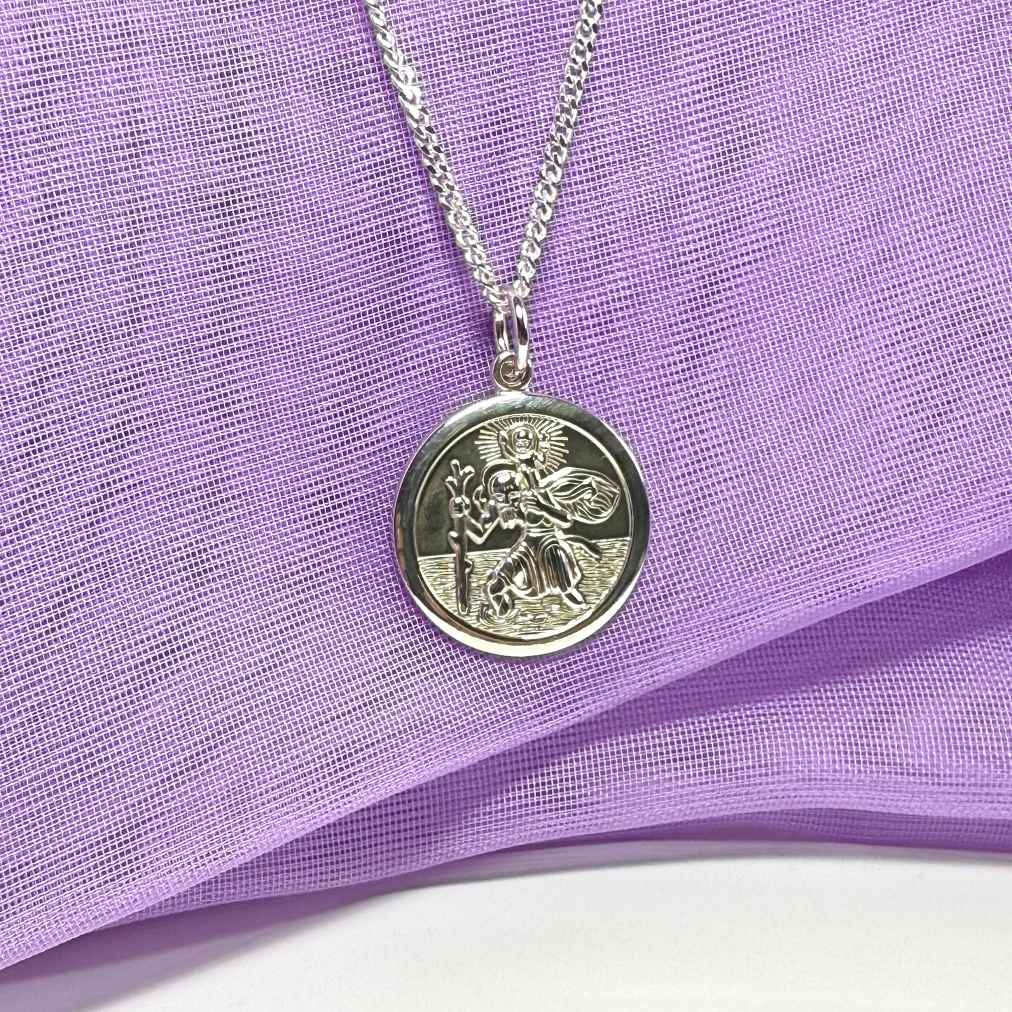 Sterling Silver Double Sided St. Christopher Including Chain 17 mm