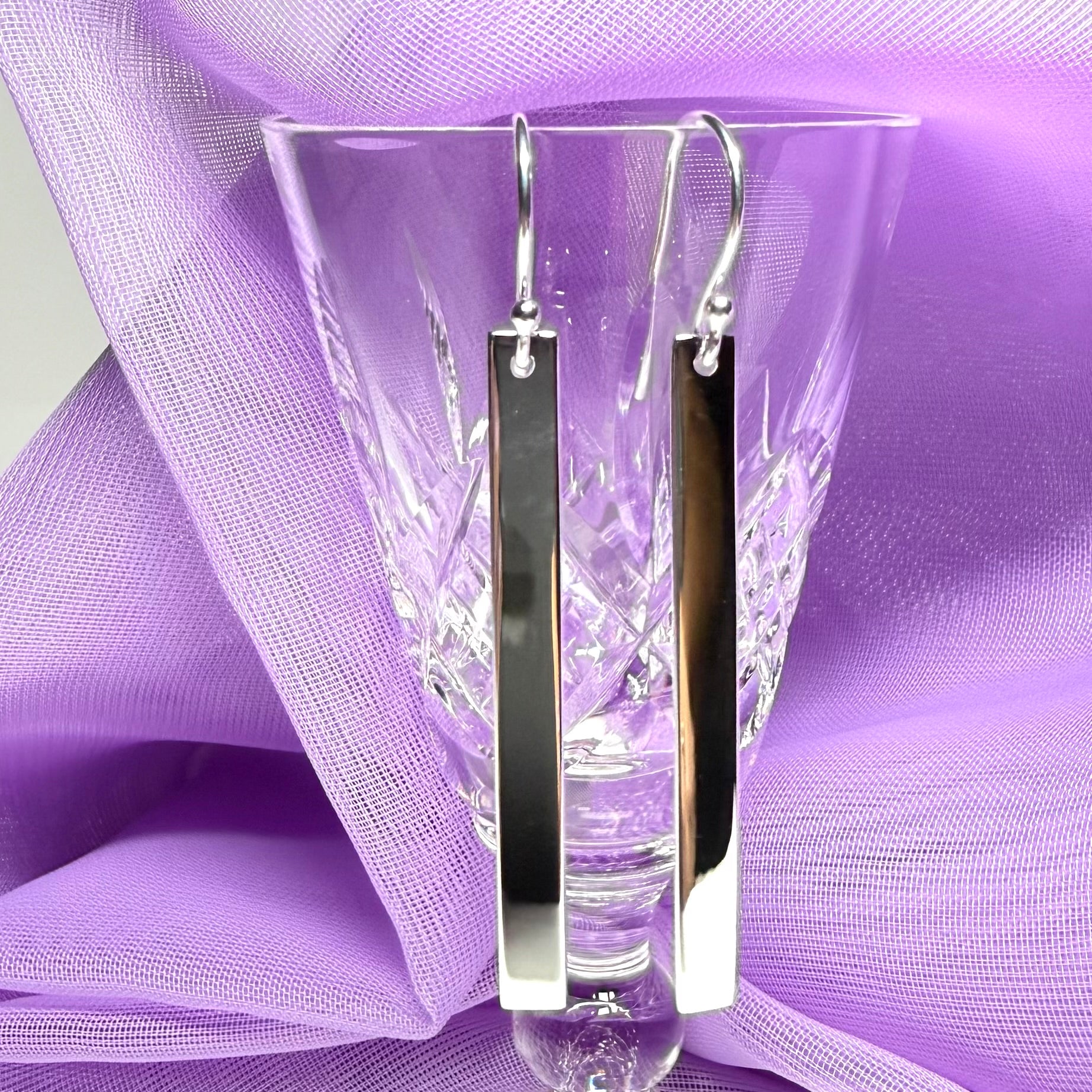 Sterling Silver Long Bar Rectangle Plain Drop Earrings