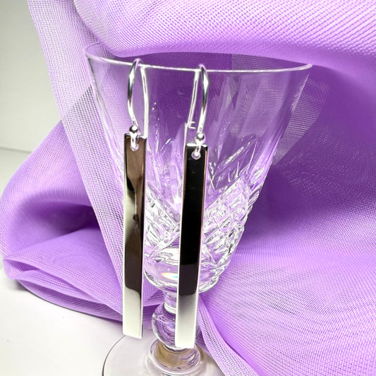 Sterling Silver Long Bar Rectangle Plain Drop Earrings