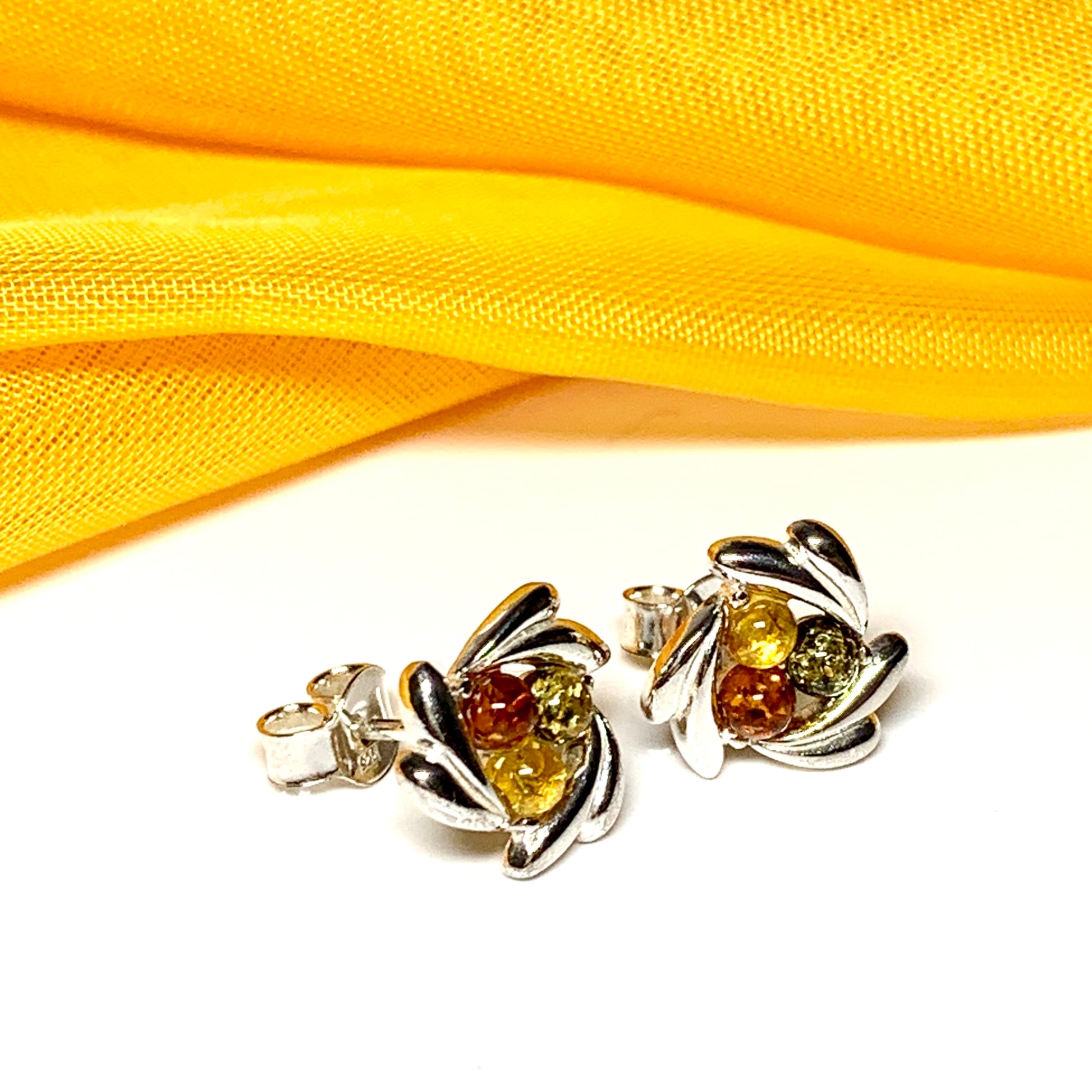 Swirl Sterling Silver Multi Coloured Round Amber Earrings