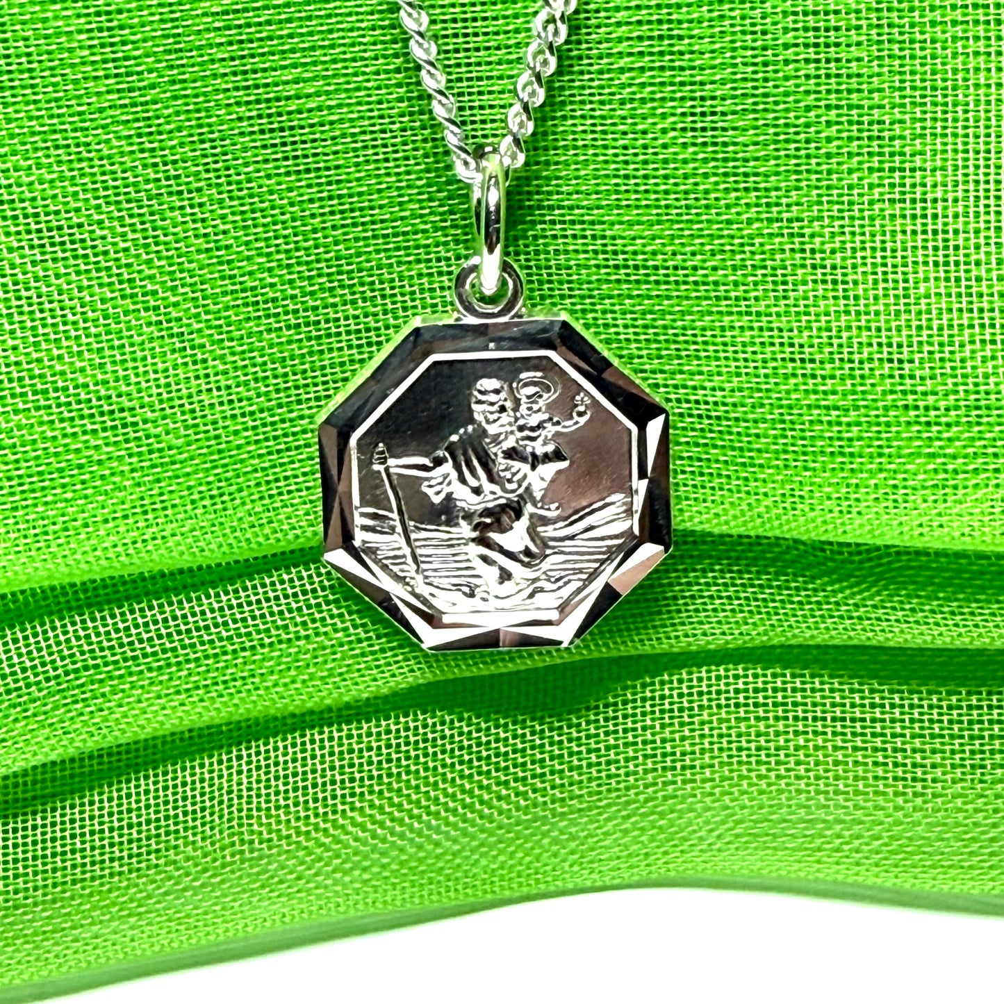 Sterling Silver Octagonal St. Christopher Including Chain 15 mm