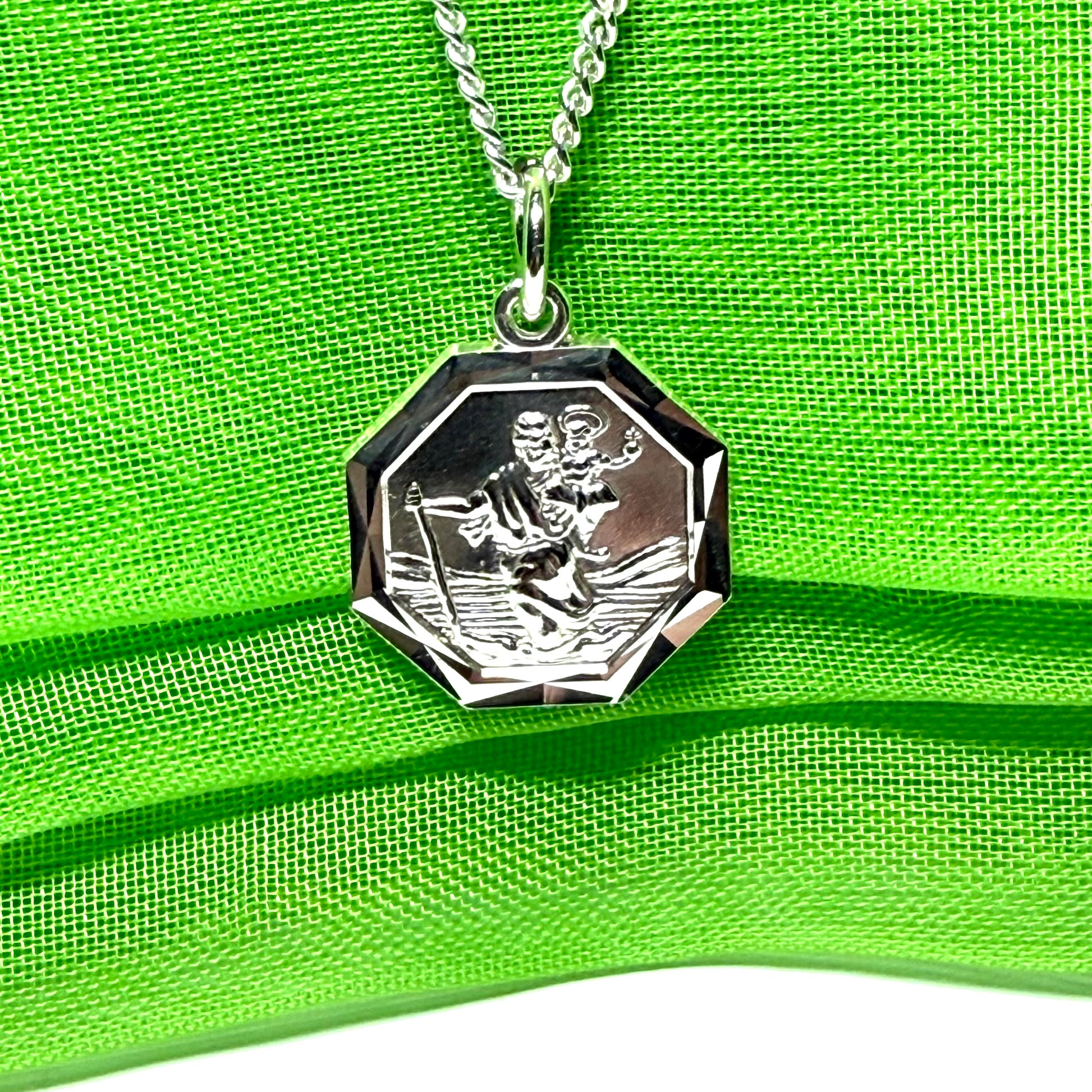 Sterling Silver Octagonal St. Christopher Including Chain 15 mm