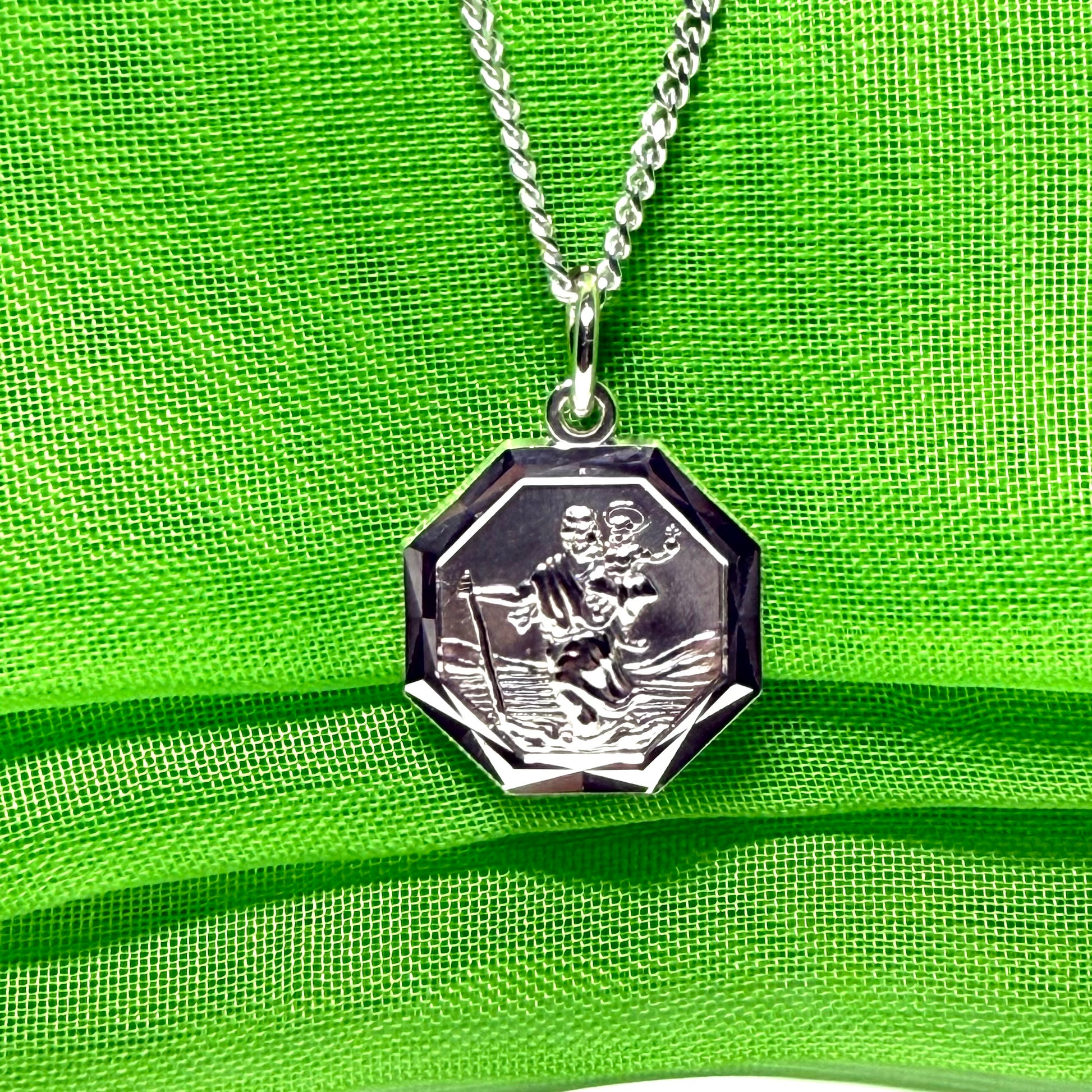 Sterling Silver Octagonal St. Christopher Including Chain 15 mm