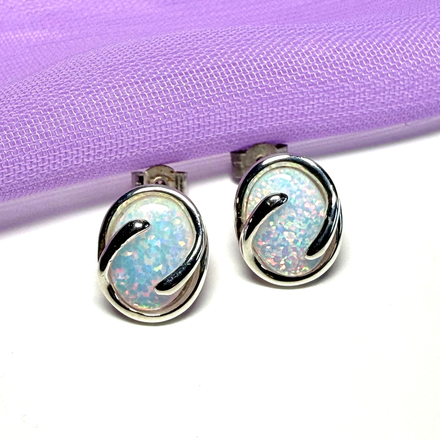 Sterling Silver Oval Fancy Opal Swirl Stud Earrings