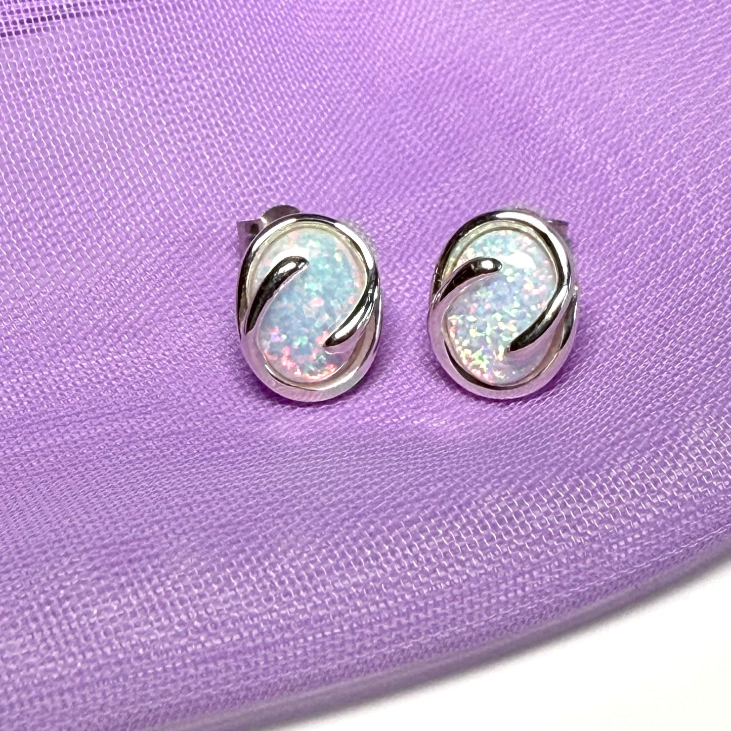 Sterling Silver Oval Fancy Opal Swirl Stud Earrings