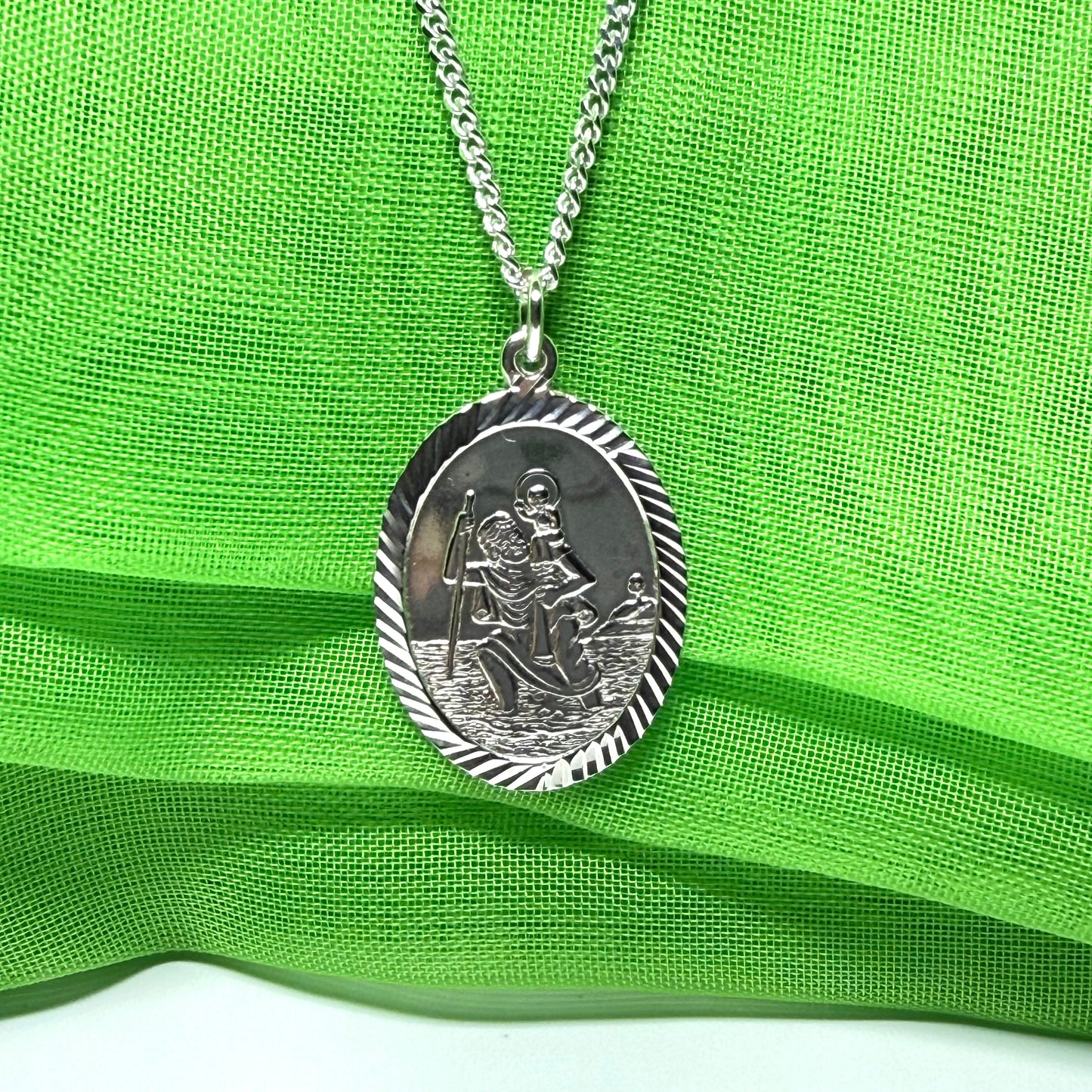 Sterling Silver Oval St. Christopher Including Chain Diamond Cut Edges