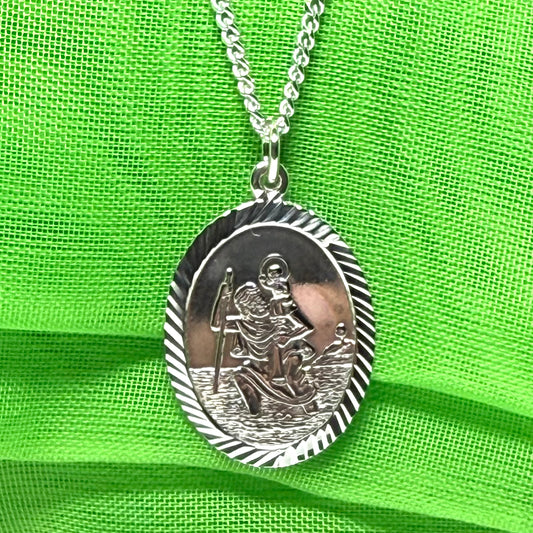 Sterling Silver Oval St. Christopher Including Chain Diamond Cut Edges