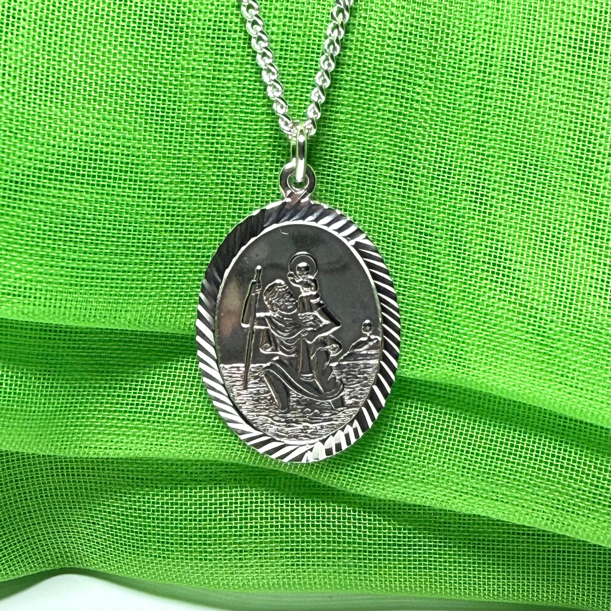 Sterling Silver Oval St. Christopher Including Chain Diamond Cut Edges