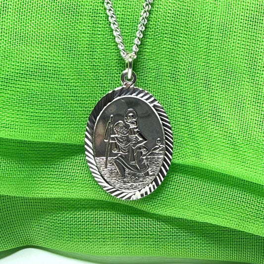 Sterling Silver Oval St. Christopher Including Chain Diamond Cut Edges