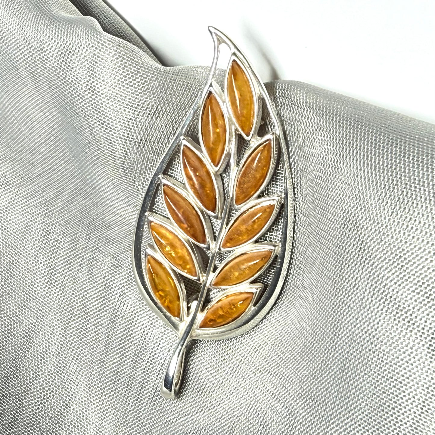 Sterling Silver Real Amber Leaf Brooch