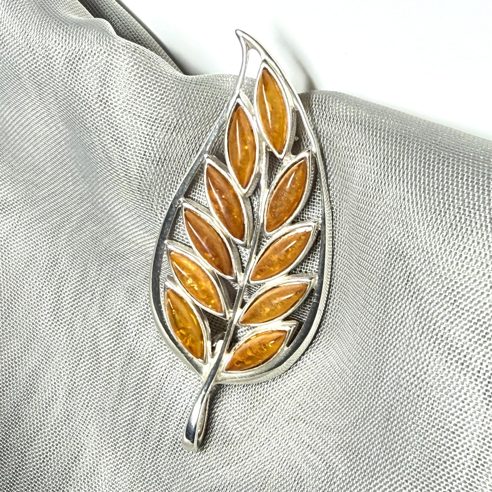 Sterling Silver Real Amber Leaf Brooch