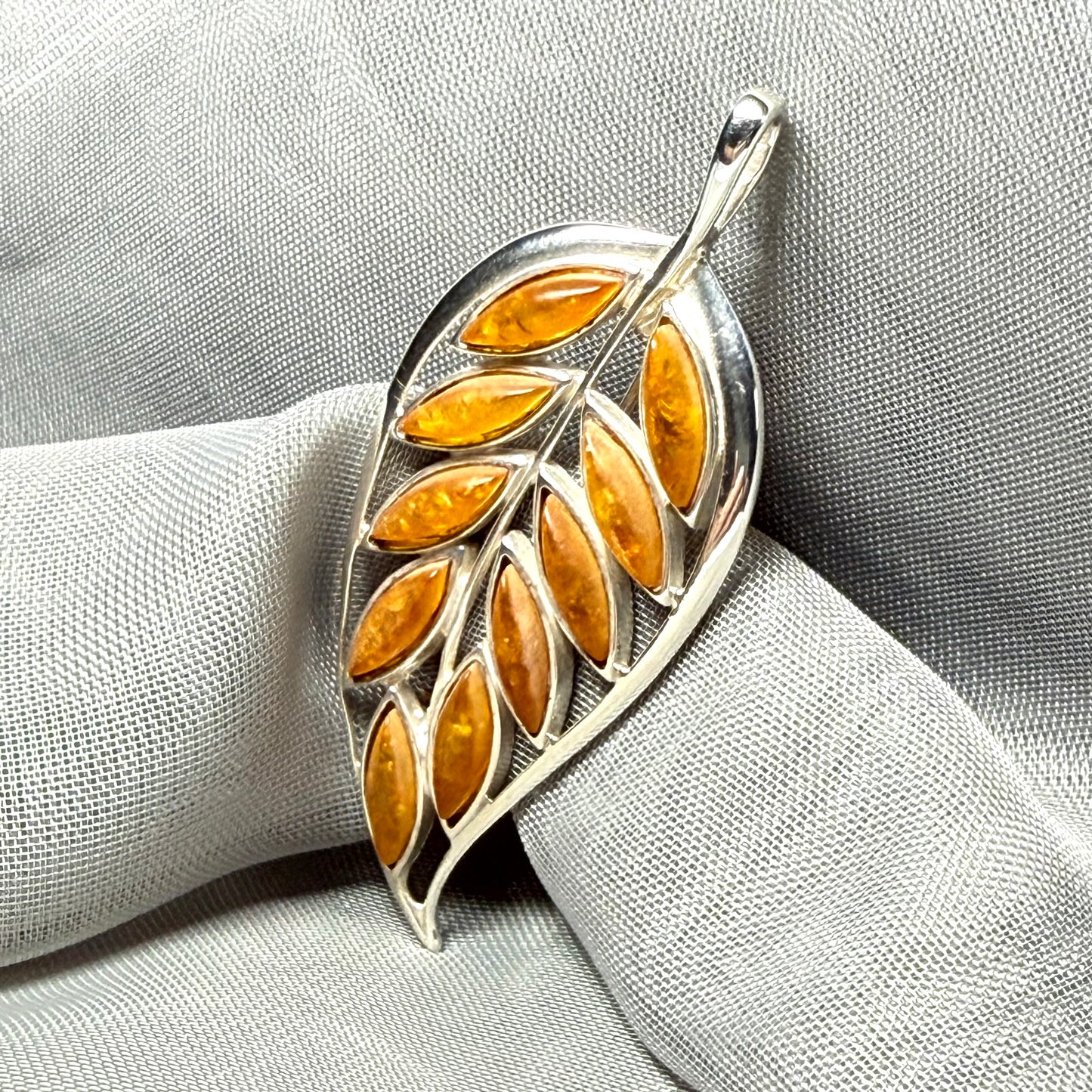 Sterling Silver Real Amber Leaf Shaped Brooch