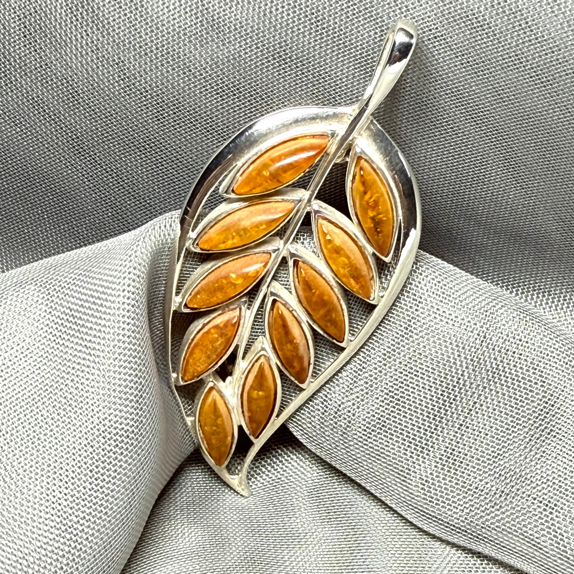 Sterling Silver Real Amber Leaf Brooch