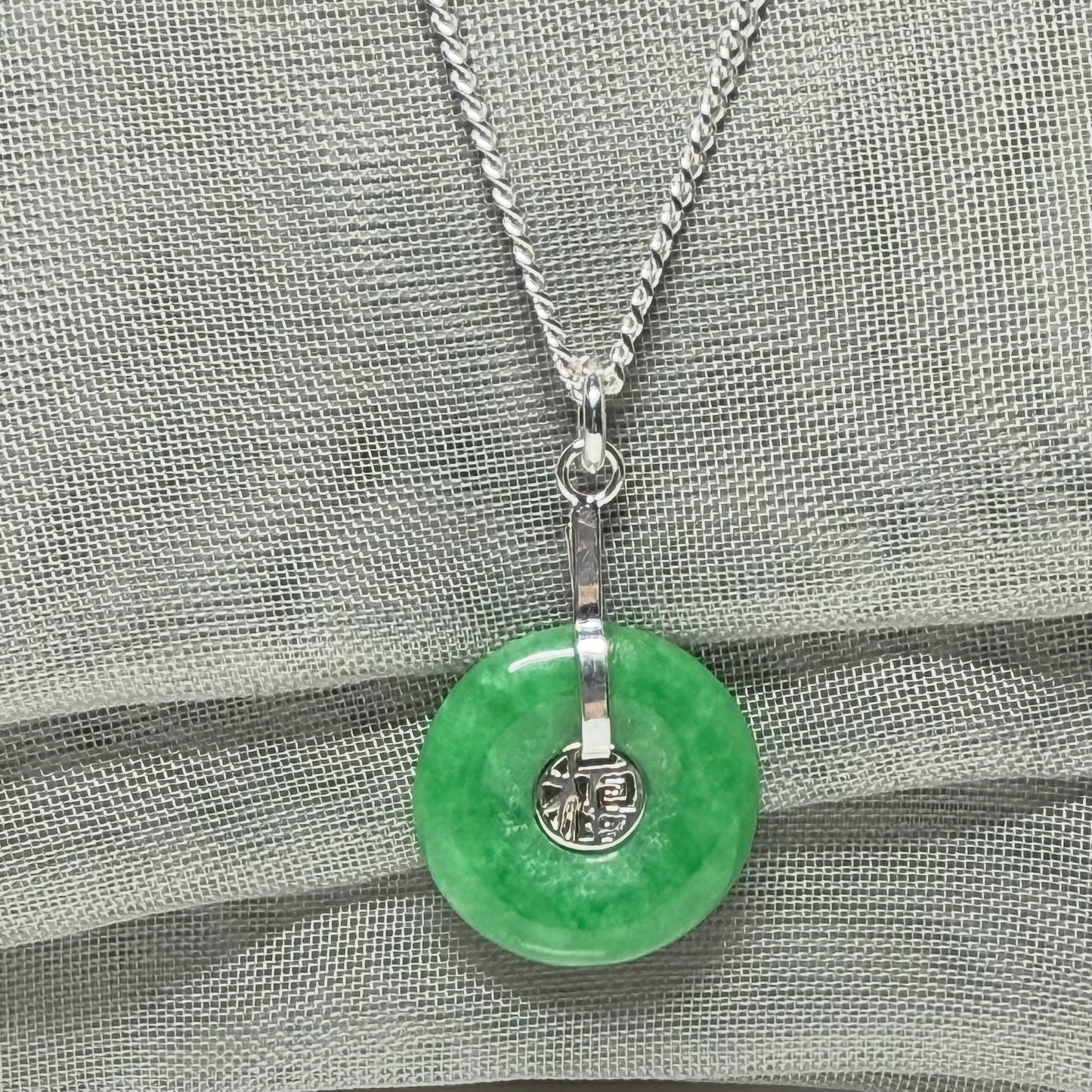 Sterling Silver Round Green Jade Necklace
