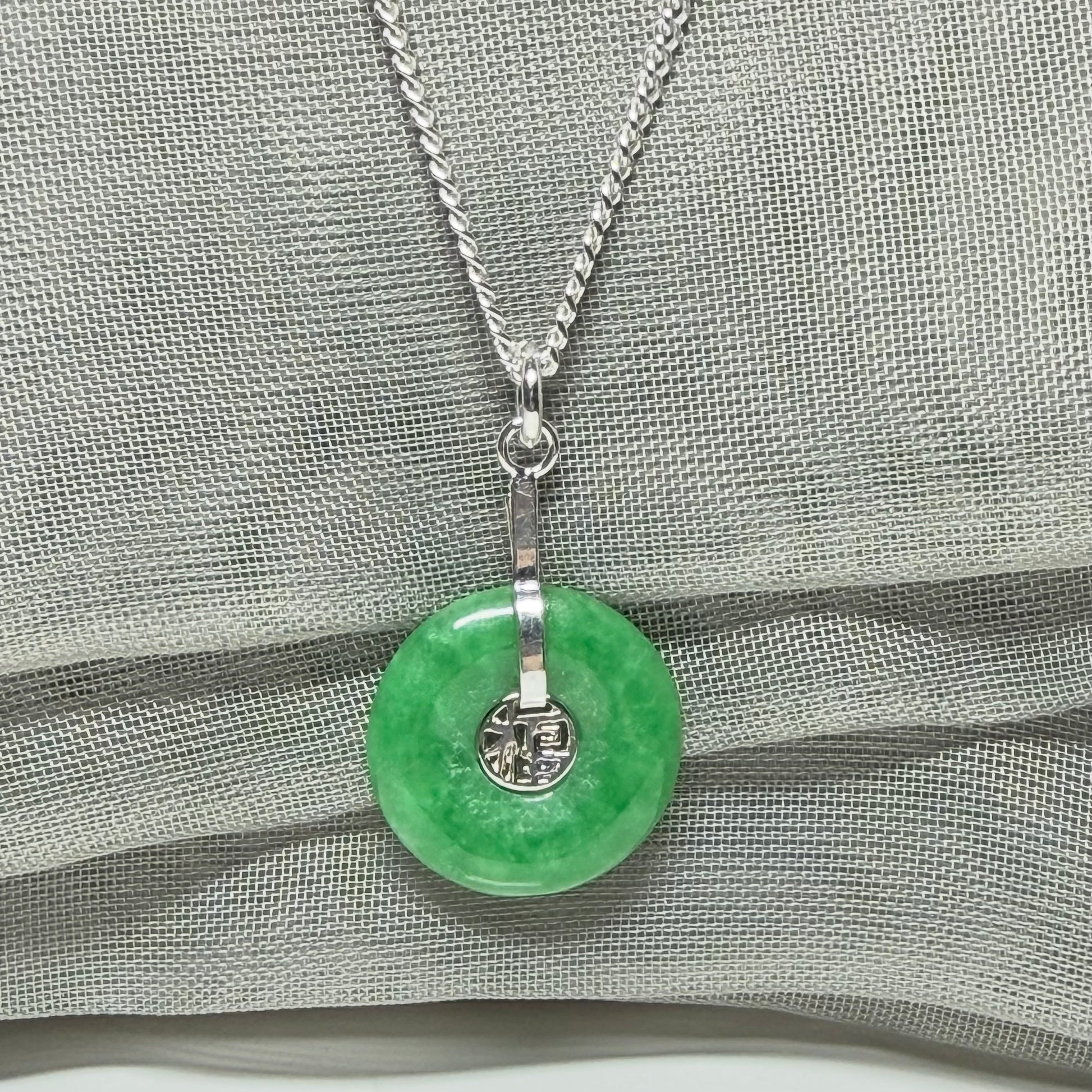 Sterling Silver Round Green Jade Necklace with chain