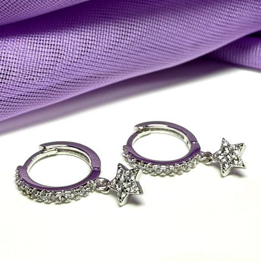 Sterling Silver Round Hoop Earrings With Stars 12 mm