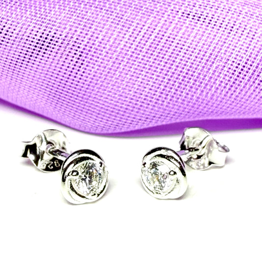Sterling Silver Round Twisted Edge Cubic Zirconia Stud Earrings