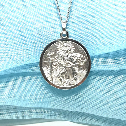 Sterling Silver Solid Large Double Sided St. Christopher Including Chain 24 mm