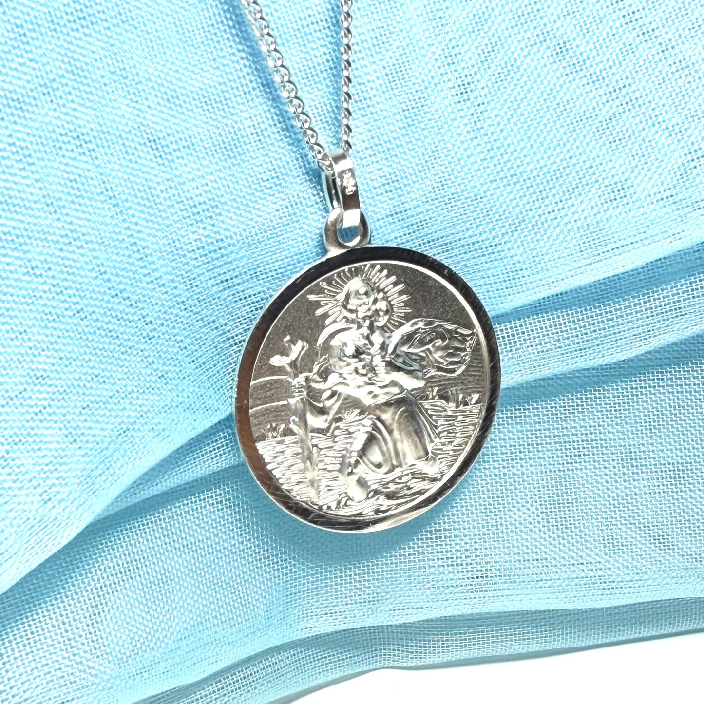 Sterling Silver Solid Large Double Sided St. Christopher Including Chain 24 mm