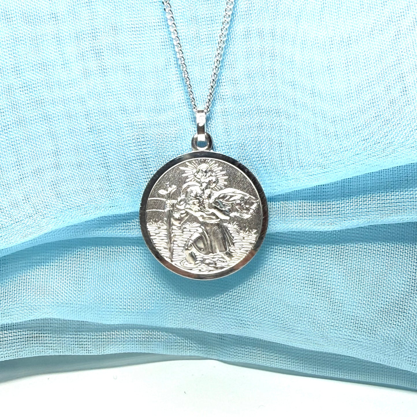 Sterling Silver Solid Large Double Sided St. Christopher Including Chain 24 mm