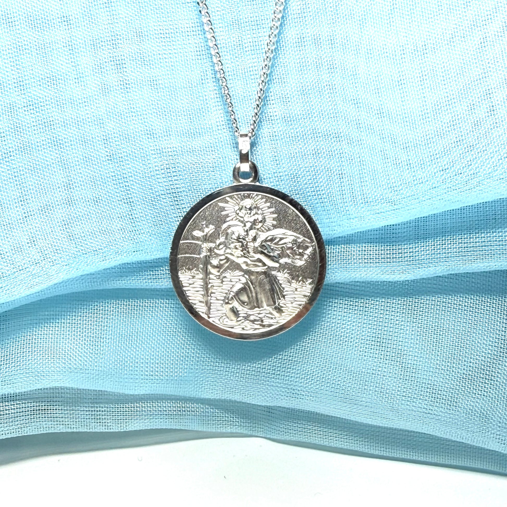 Sterling Silver Solid Large Double Sided St. Christopher Including Chain 24 mm