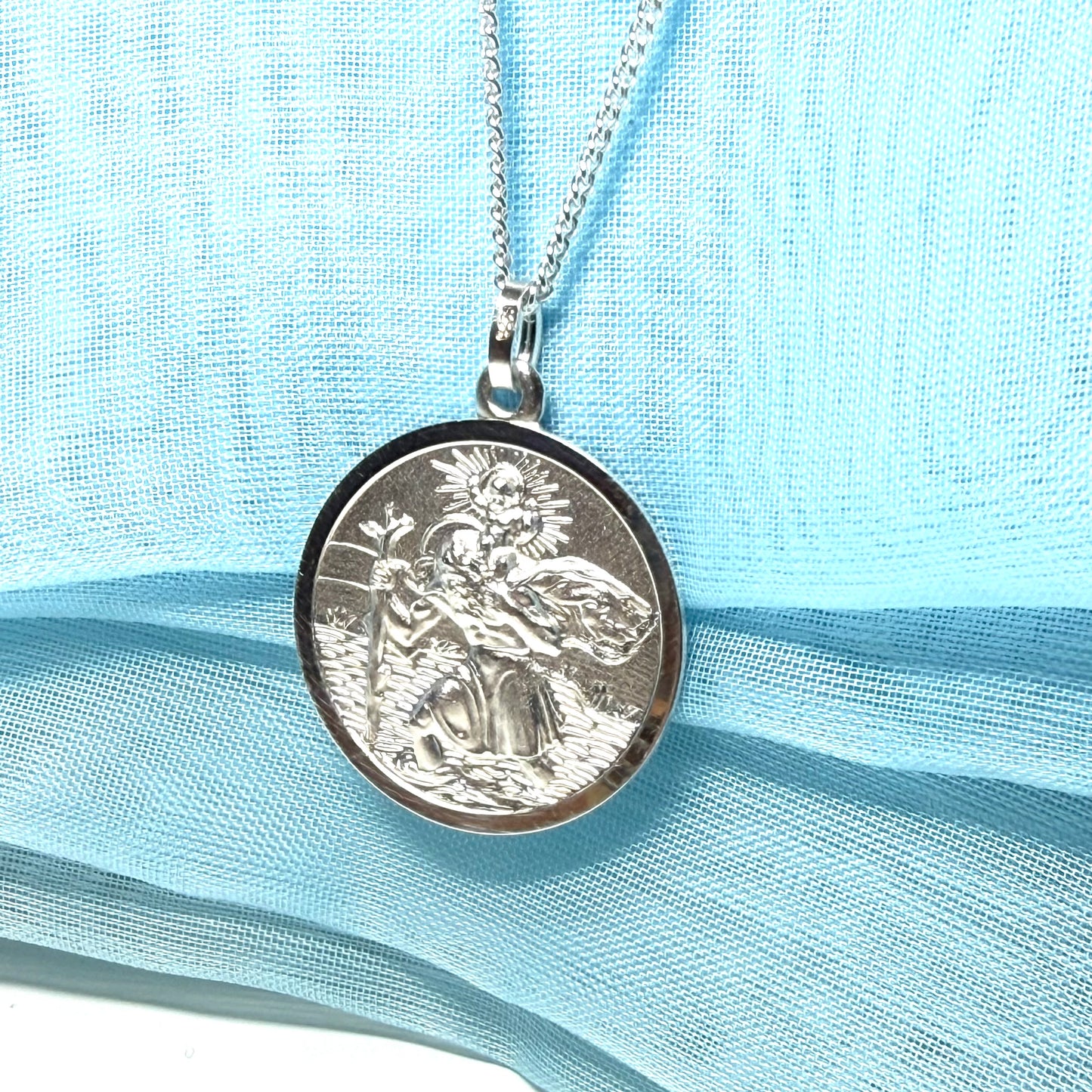 Sterling Silver Solid Large Double Sided St. Christopher Including Chain 24 mm