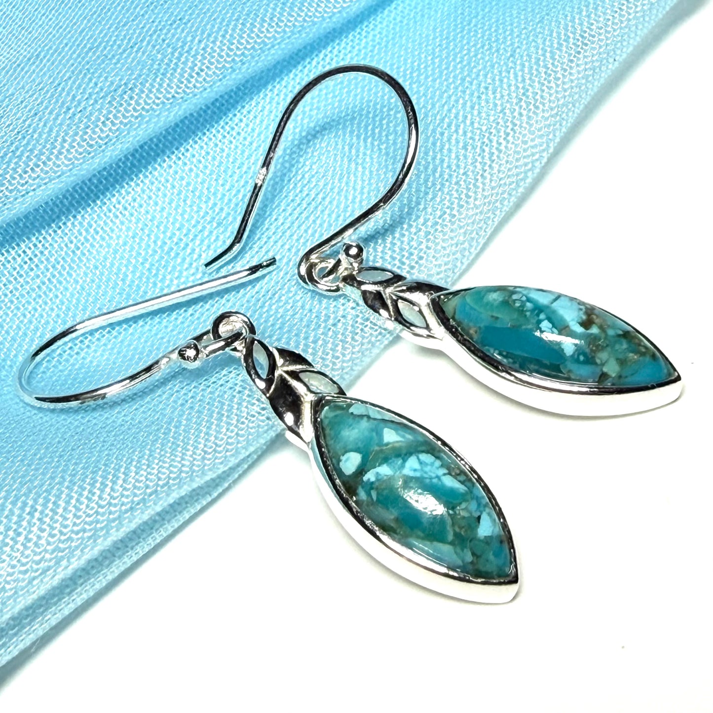 Sterling Silver Turquoise Marquise Cut Drop Earrings