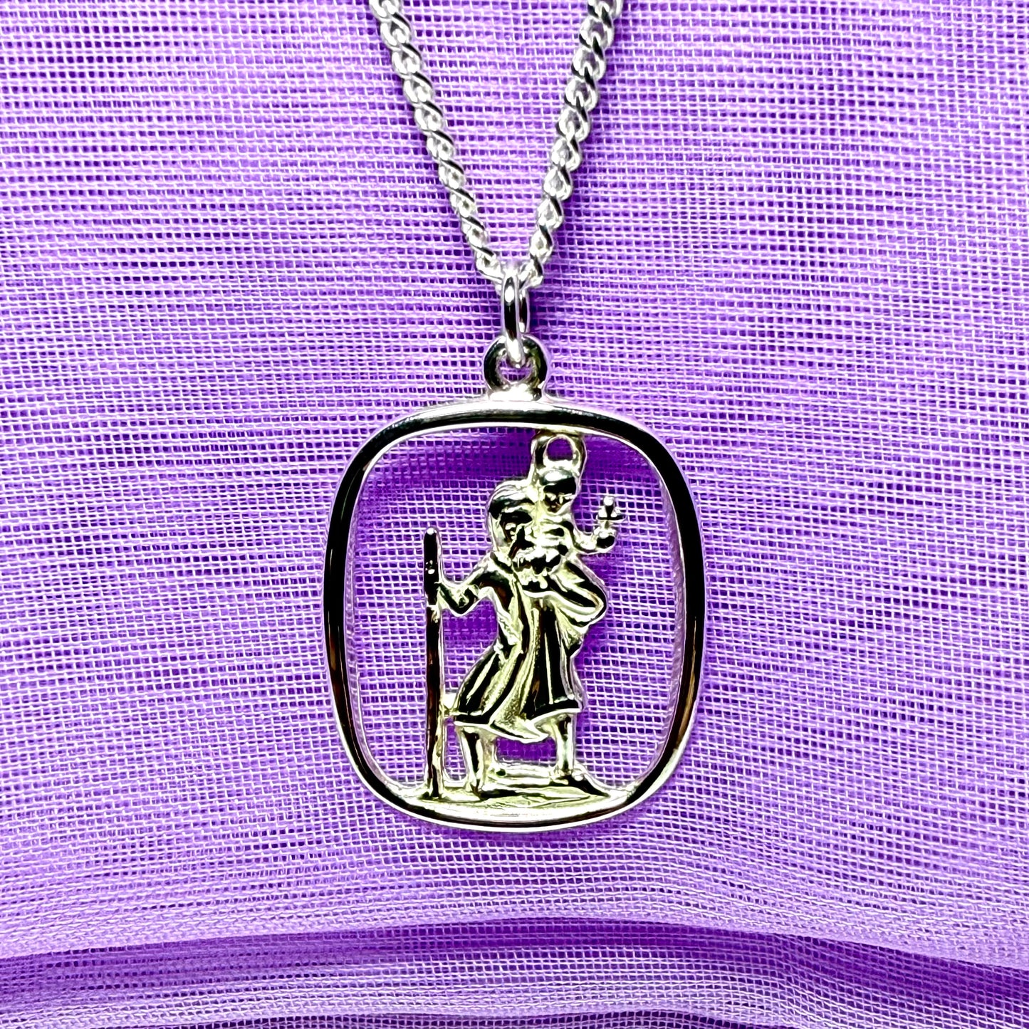 Sterling Silver cushion Shaped St. Christopher Including Chain