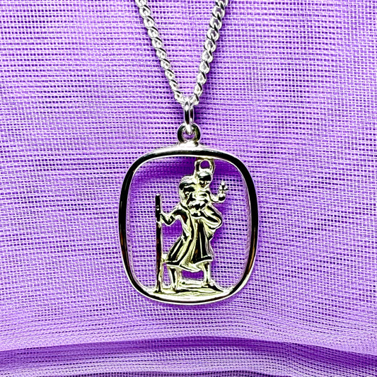 Sterling Silver cushion Shaped St. Christopher Including Chain