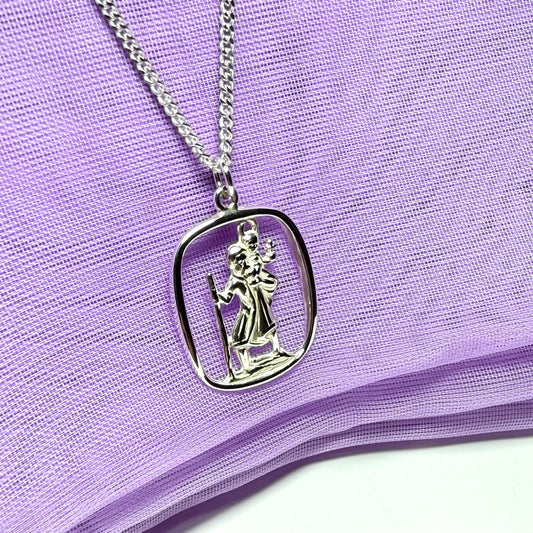 Sterling Silver cushion Shaped St. Christopher Including Chain