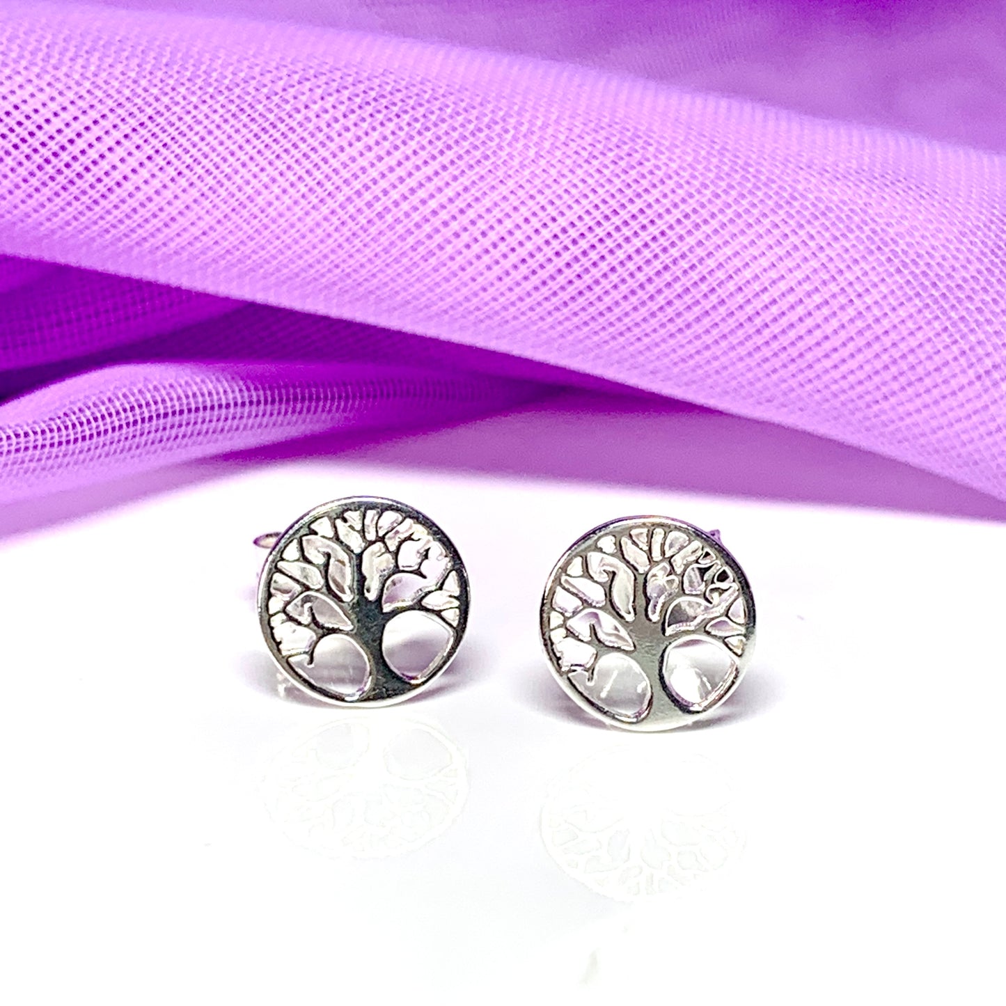 Sterling silver Tree of Life round stud earrings