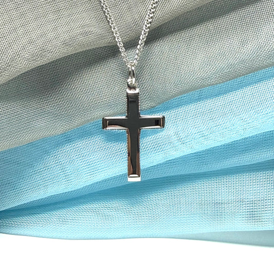 Sterling silver beaded edged cross with chain solid