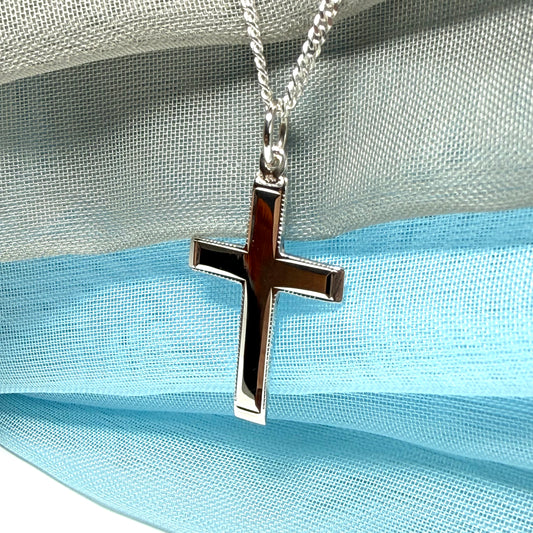 Sterling silver beaded edged solid cross with chain