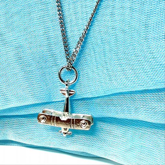 Sterling silver biplane solid plane charm or necklace plane pendant