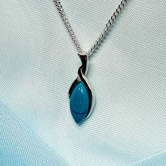 Sterling silver blue turquoise marquise shape necklace twisted pendant with a chain