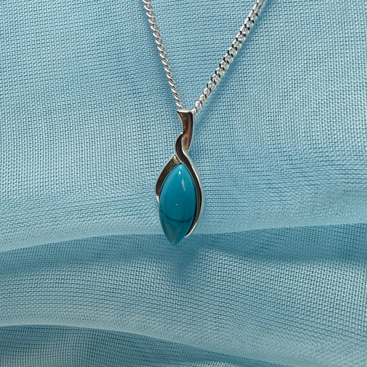 Sterling silver blue turquoise marquise shape necklace twisted pendant with a chain