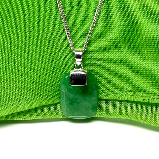Sterling silver cushion shaped real green jade necklace, a beautiful and stunning designed pendant
