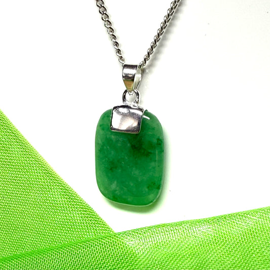 Sterling silver cushion shaped real green jade necklace, a beautiful and stunning designed pendant