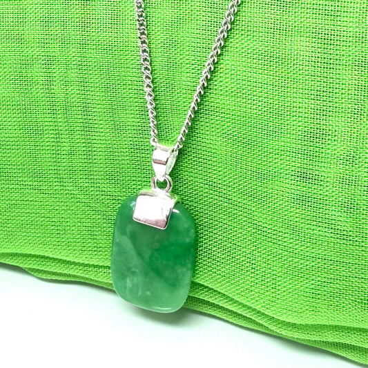 Sterling silver cushion shaped real green jade necklace pendant with a solid silver curb chain included