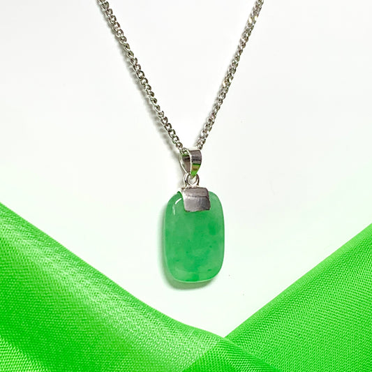 Sterling silver cushion shaped real green jade necklace pendant with chain included