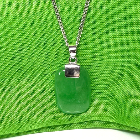 Sterling silver cushion shaped real green jade pendant, a beautiful and stunning designed necklace